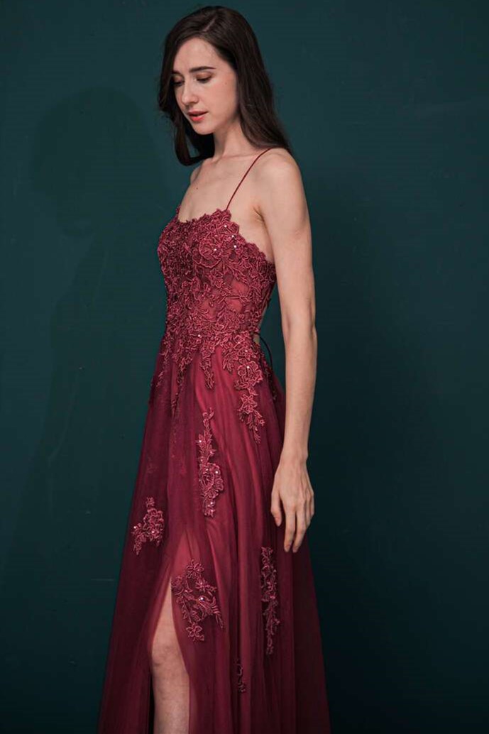 Black Applique Lace-Up Back A-Line Prom Dress – Modsele