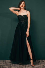Black Tulle Apliques Lace-Up Prom Dress