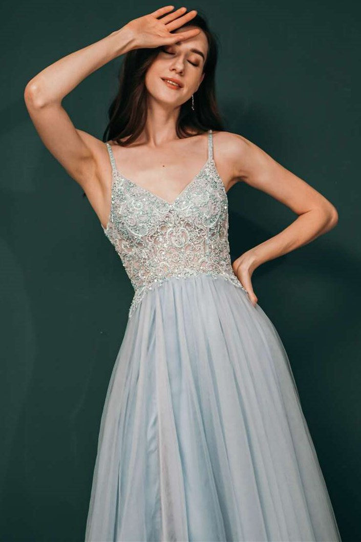 Pale Blue V-neckline Beaded Tulle Prom Gown