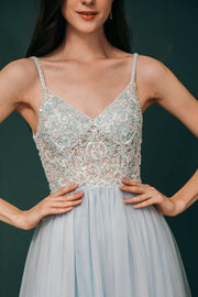 Pale Blue V-neckline Beaded Tulle Prom Gown