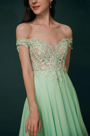 Green Chiffon Off-the-shoulder Appliques Prom Dress