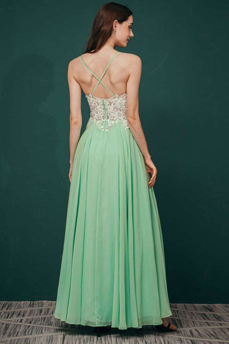 Green A-line Lace Applique Chiffon Long Prom Dress