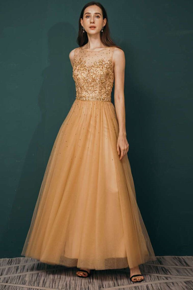 Gold Sleeveless Appliques Prom Gown