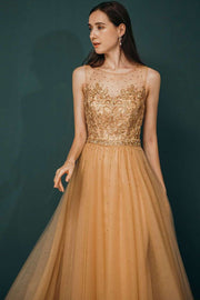 Gold Sleeveless Appliques Prom Gown