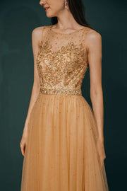 Gold Sleeveless Appliques Prom Gown