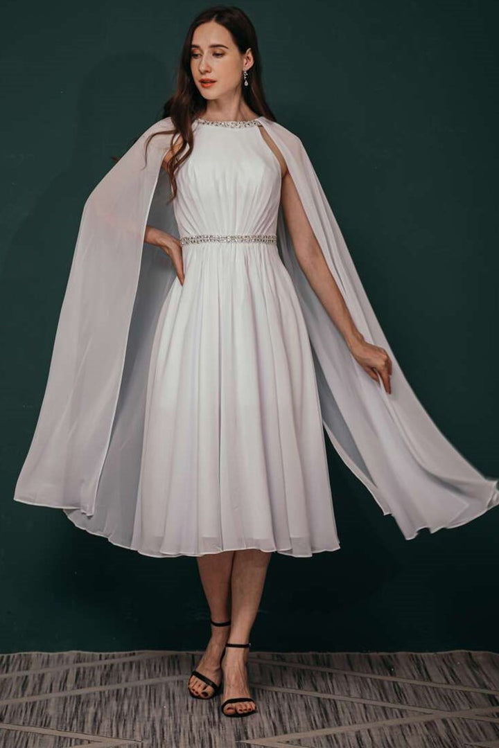 Elegant White A-line Chiffon Formal Dress with Rhinestone Collar