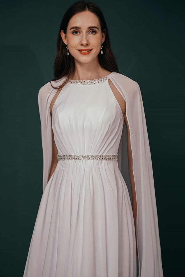 Elegant White A-line Chiffon Formal Dress with Rhinestone Collar