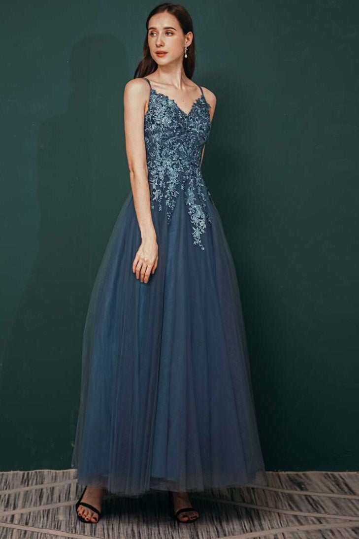 Navy Tulle A-line Lace Prom Dress with Appliques