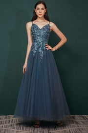 Navy Tulle A-line Lace Prom Dress with Appliques