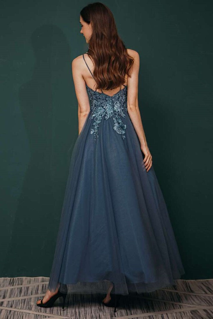 Navy Tulle A-line Lace Prom Dress with Appliques