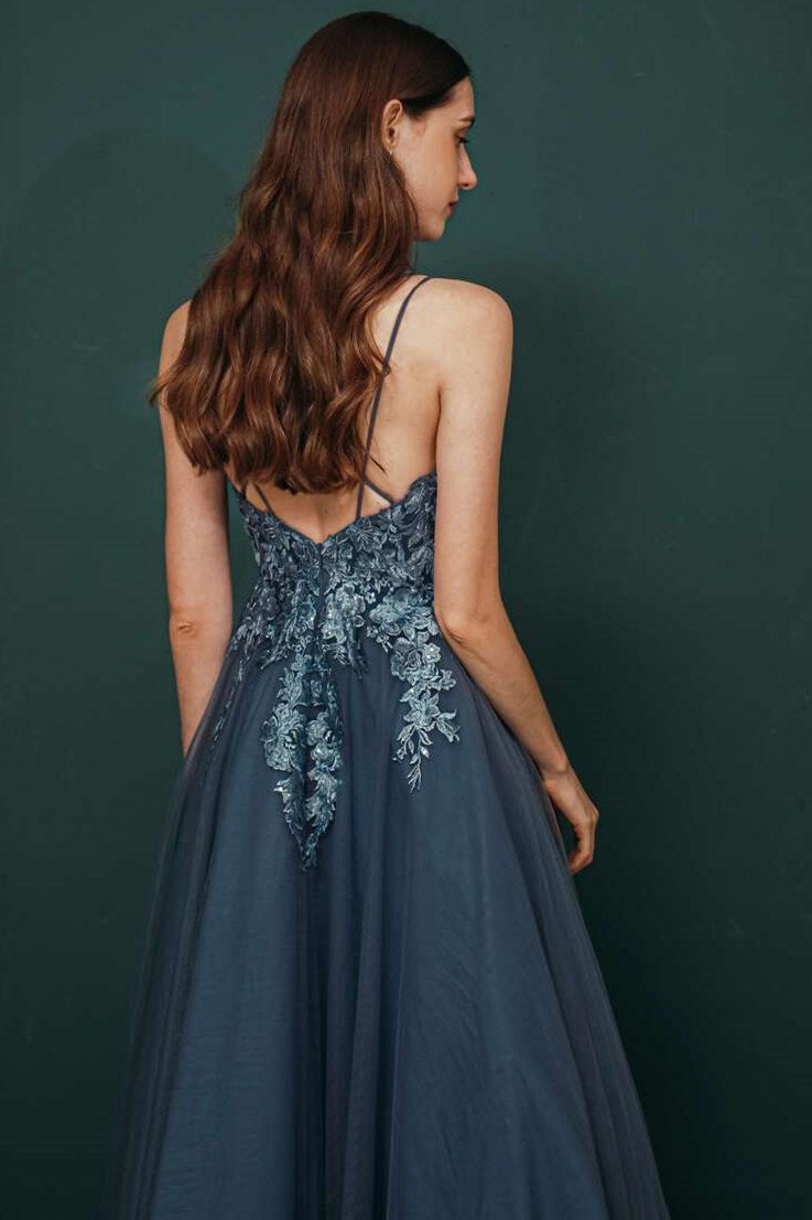 Navy Tulle A-line Lace Prom Dress with Appliques