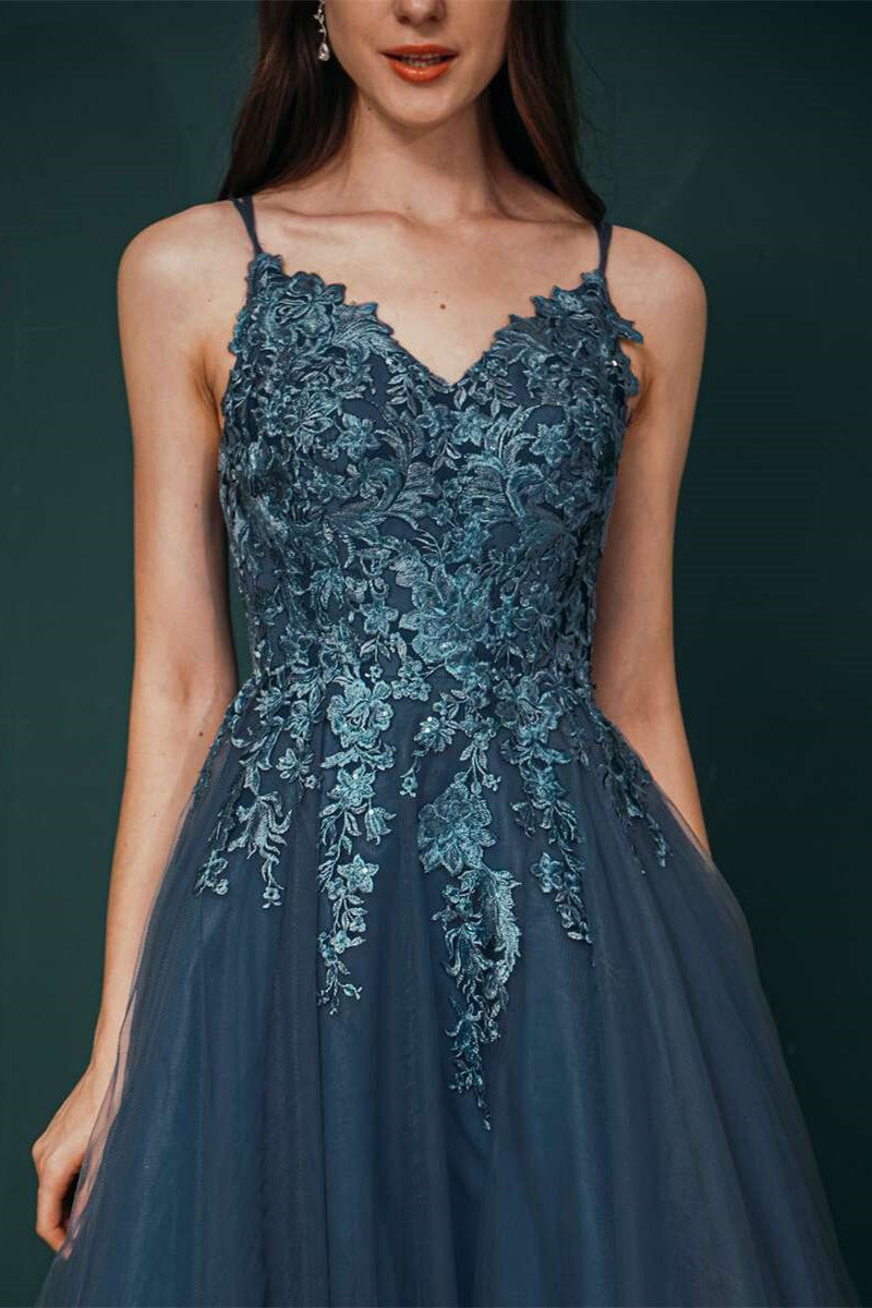 Navy Tulle A-line Lace Prom Dress with Appliques