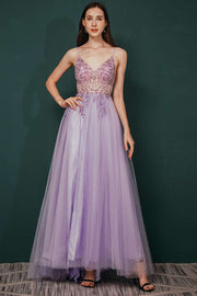 Lilac Beaded Tulle Long Prom Dress