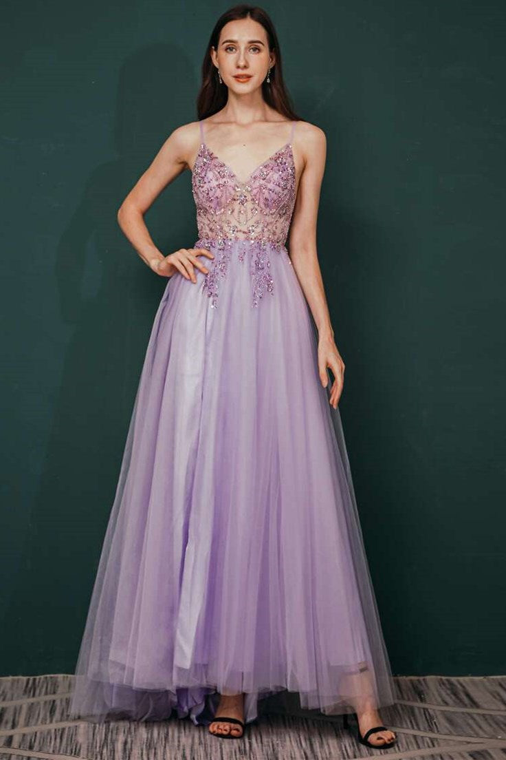 Lilac Beaded Tulle Long Prom Dress Modsele Lilac Beaded Tulle Long Prom Dress Modsele