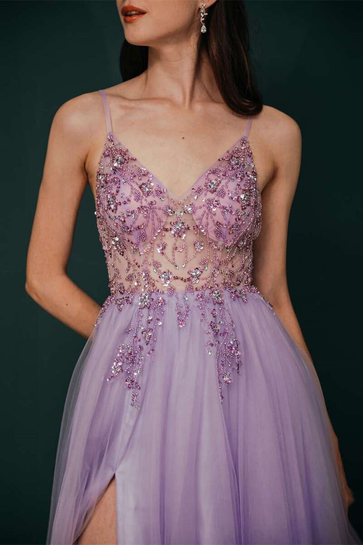 Lilac Beaded Tulle Long Prom Dress
