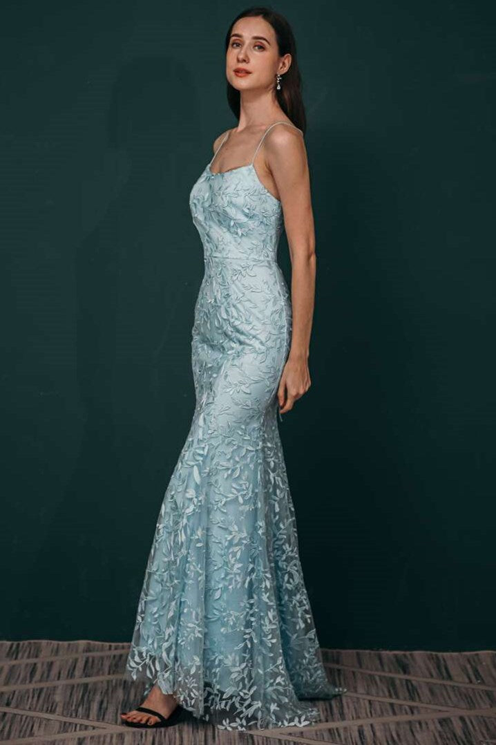 Light Blue Applique Lace Mermaid Dress