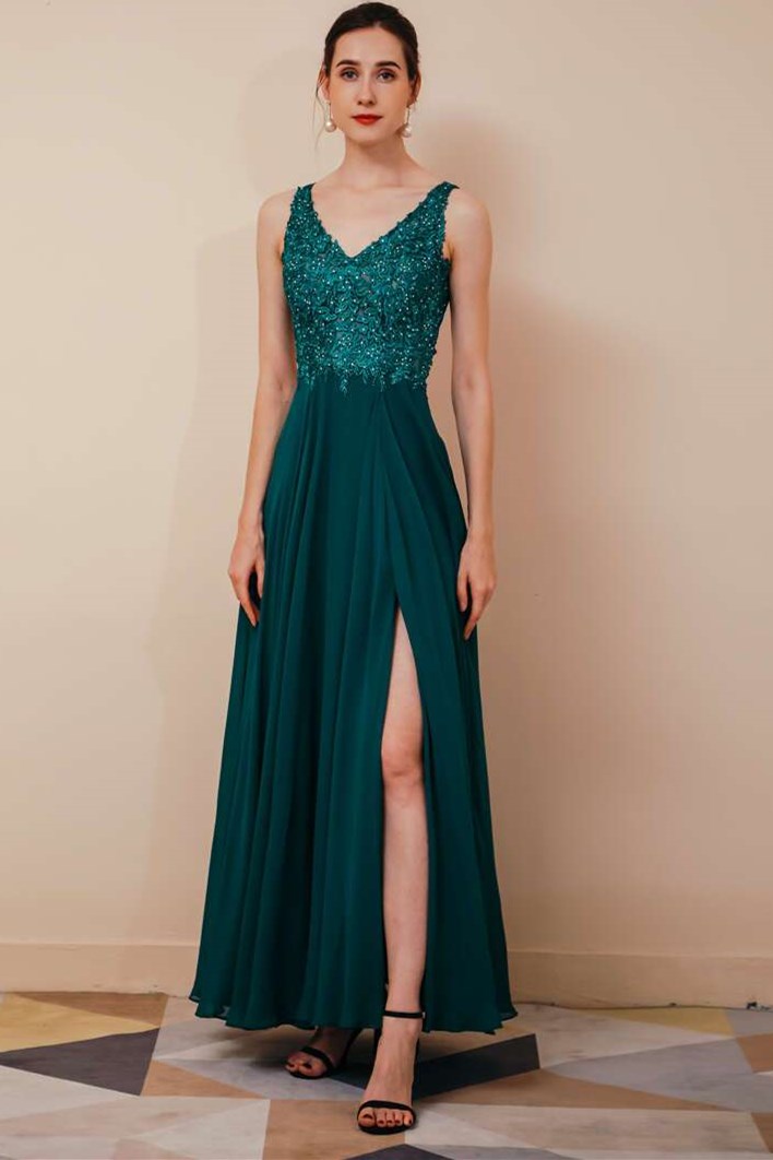 Chiffon V-neck High Side Slit Prom Gown with Applique