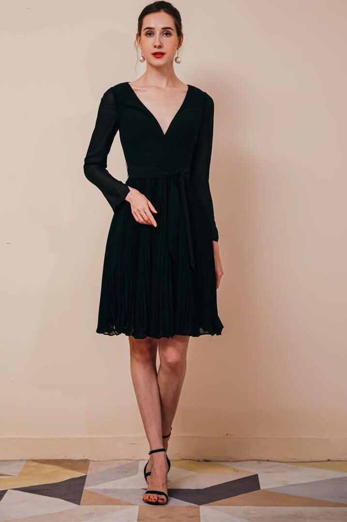 Black Chiffon Long Sleeve A-line Short Dress