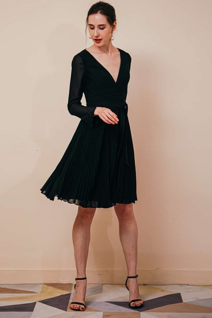 Black Chiffon Long Sleeve A-line Short Dress