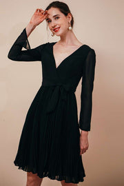 Black Chiffon Long Sleeve A-line Short Dress
