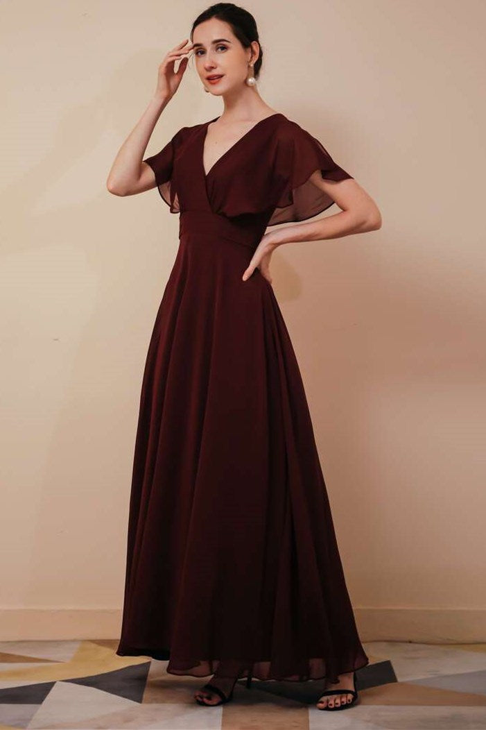 Burgundy Chiffon V-Neck Dress with Ruffled Sleeve