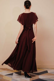 Burgundy Chiffon V-Neck Dress with Ruffled Sleeve