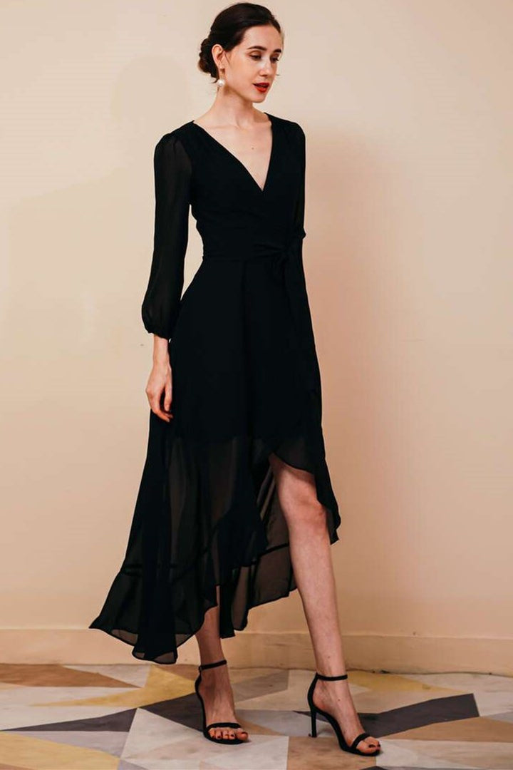 Simple Black Chiffon V-neck Long Sleeve Dress