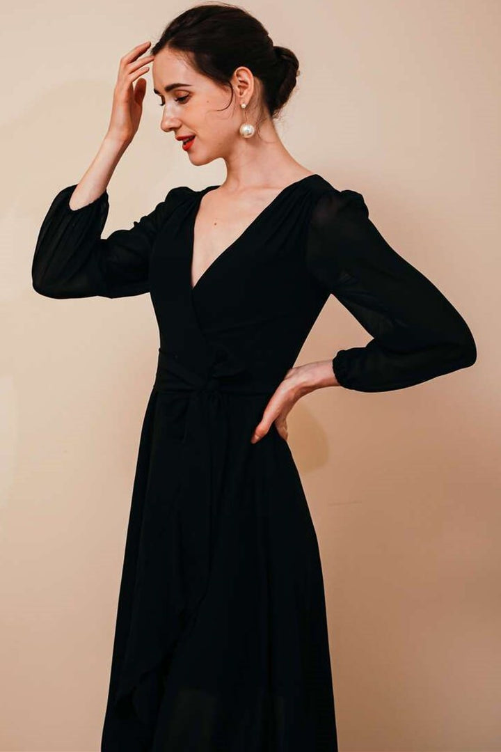 Simple Black Chiffon V-neck Long Sleeve Dress