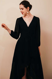 Simple Black Chiffon V-neck Long Sleeve Dress