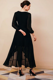 Simple Black Chiffon V-neck Long Sleeve Dress