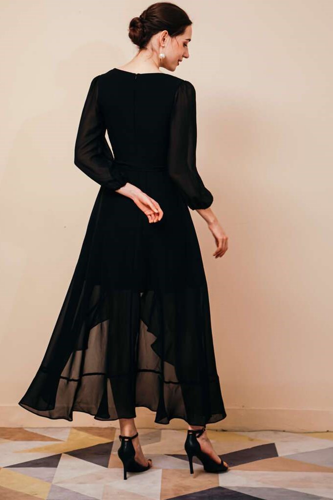 Simple Black Chiffon V-neck Long Sleeve Dress