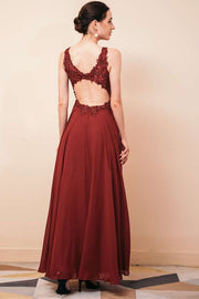 Chiffon V-neck High Side Slit Prom Gown with Applique