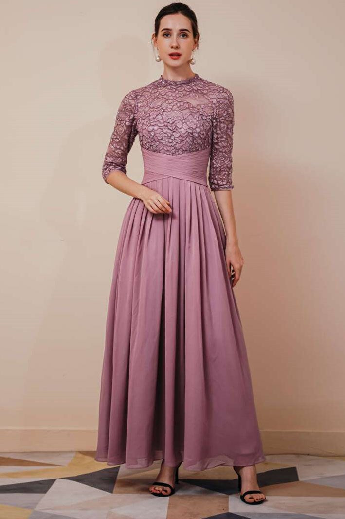 Purple A-line Lace Formal Dress with Half Sleeves