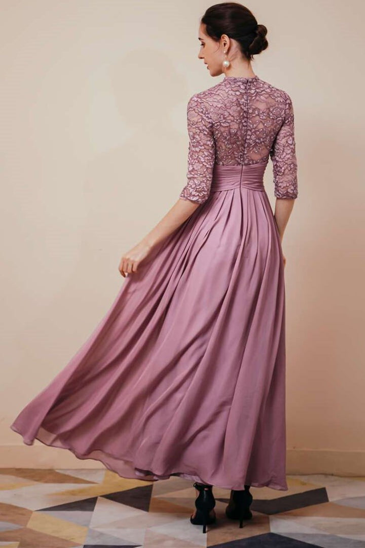 Purple A-line Lace Formal Dress with Half Sleeves