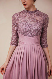 Purple A-line Lace Formal Dress with Half Sleeves