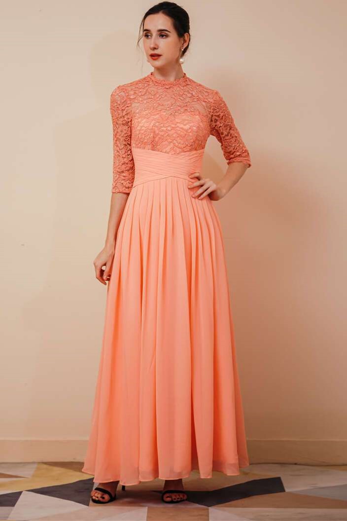 Purple A-line Lace Formal Dress with Half Sleeves