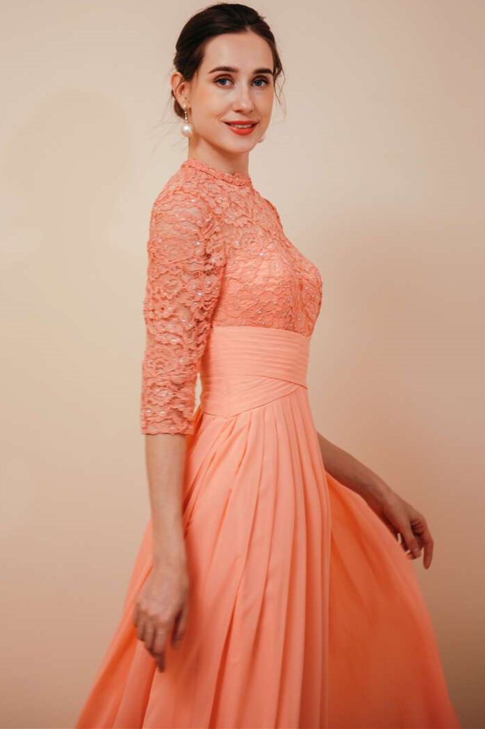Purple A-line Lace Formal Dress with Half Sleeves