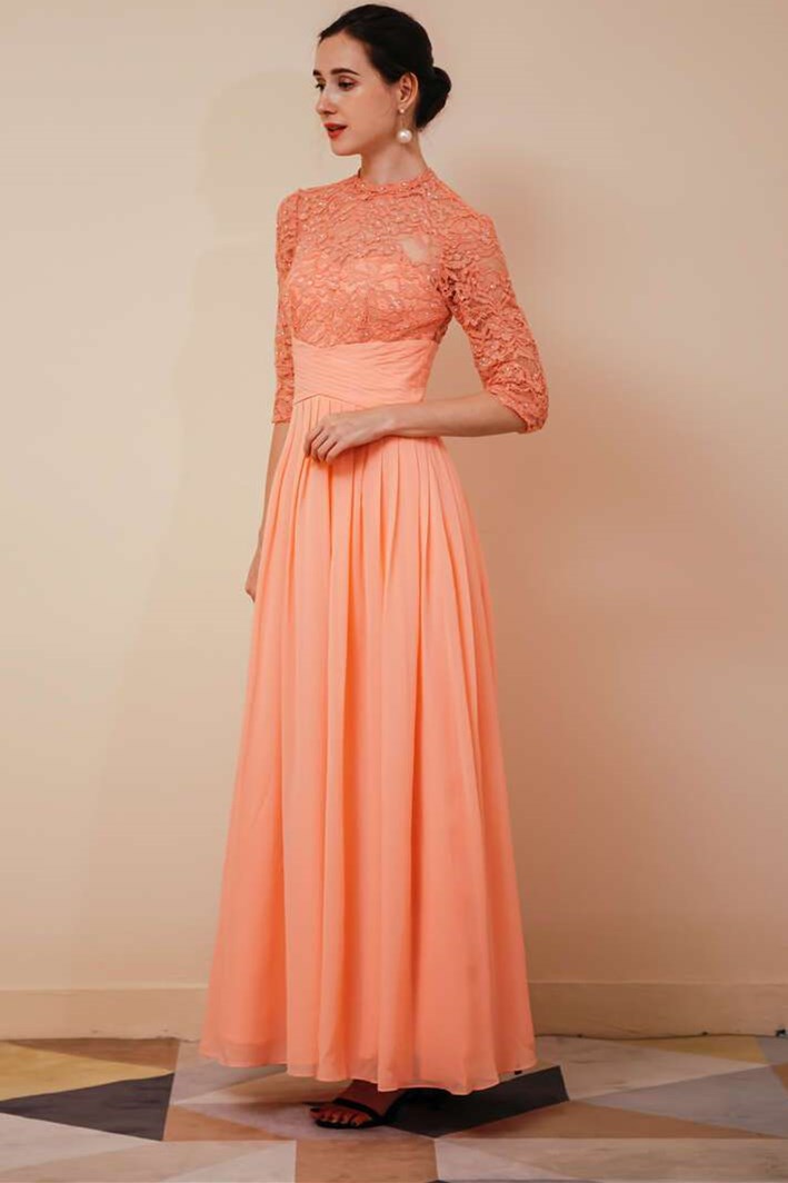 Purple A-line Lace Formal Dress with Half Sleeves