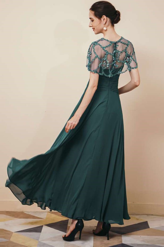 Chiffon Pleated Long Dress with Beaded Shawl