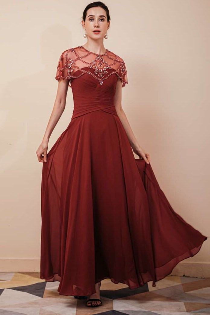 Chiffon Pleated Long Dress with Beaded Shawl