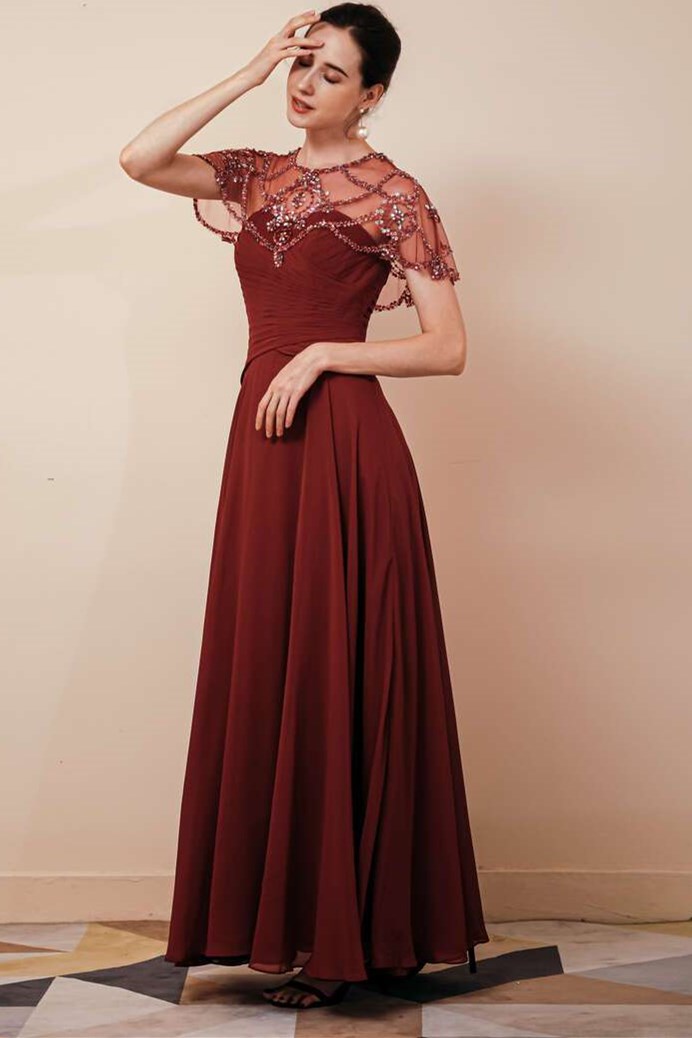 Chiffon Pleated Long Dress with Beaded Shawl
