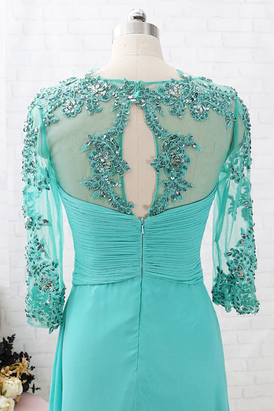 Turquoise Chiffon Lace Sleeve Cutout Back Mother of the Bride Dress