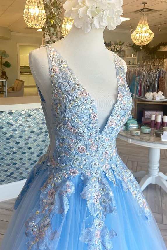 A-Line Sky Blue V-Neck Long Prom Dress with Floral Appliques