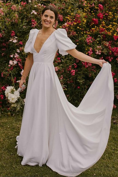 White Puff Sleeves Plunge Neck Long Wedding Dress Modsele White Puff Sleeves Plunge Neck Long Wedding Dress Modsele