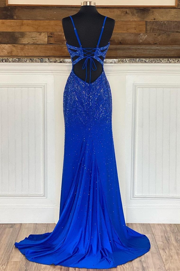 Royal Blue Beaded V-Neck Mermaid Long Prom Dress