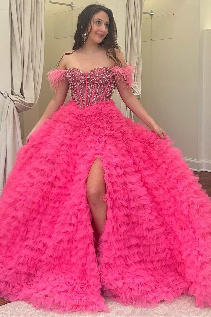 Hot Pink Beaded Feather Off-the-Shoulder Tiered Long Prom Dress with R