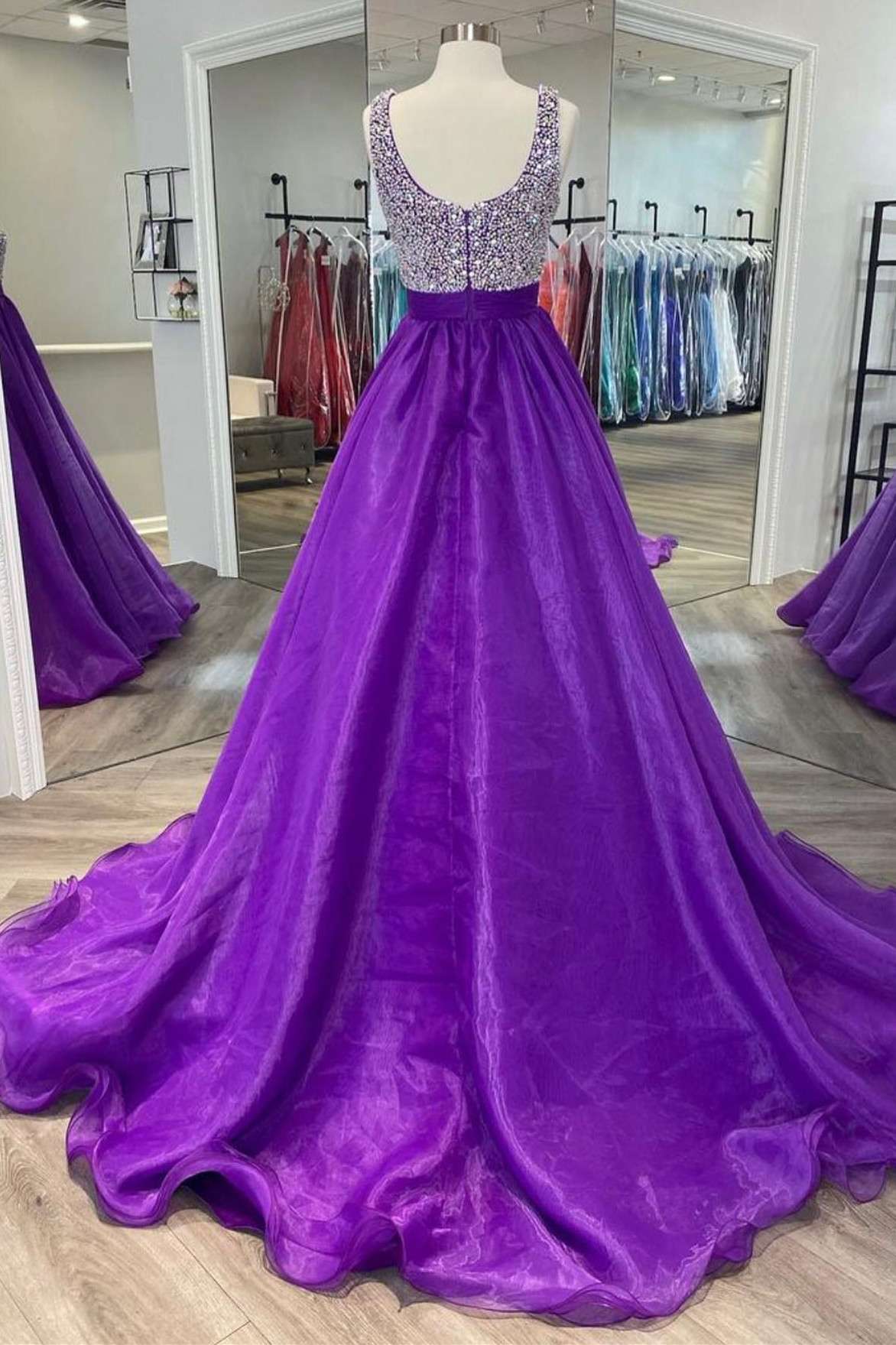 Purple Beaded Square Neck A-Line Long Prom Gown