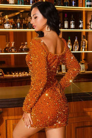 Burnt Orange Sequin Long Sleeve Short Party Dress