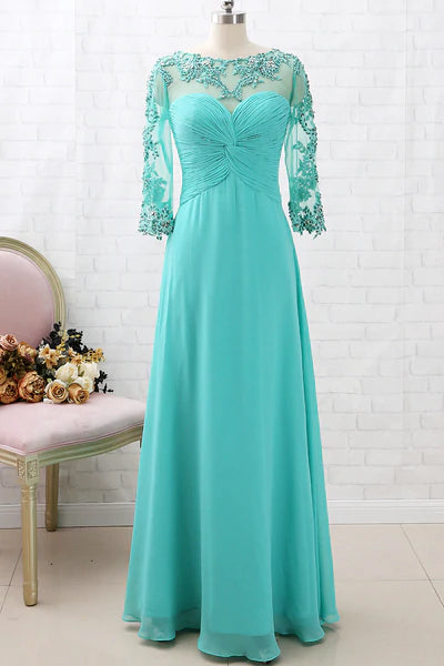 Turquoise Chiffon Lace Sleeve Cutout Back Mother of the Bride Dress