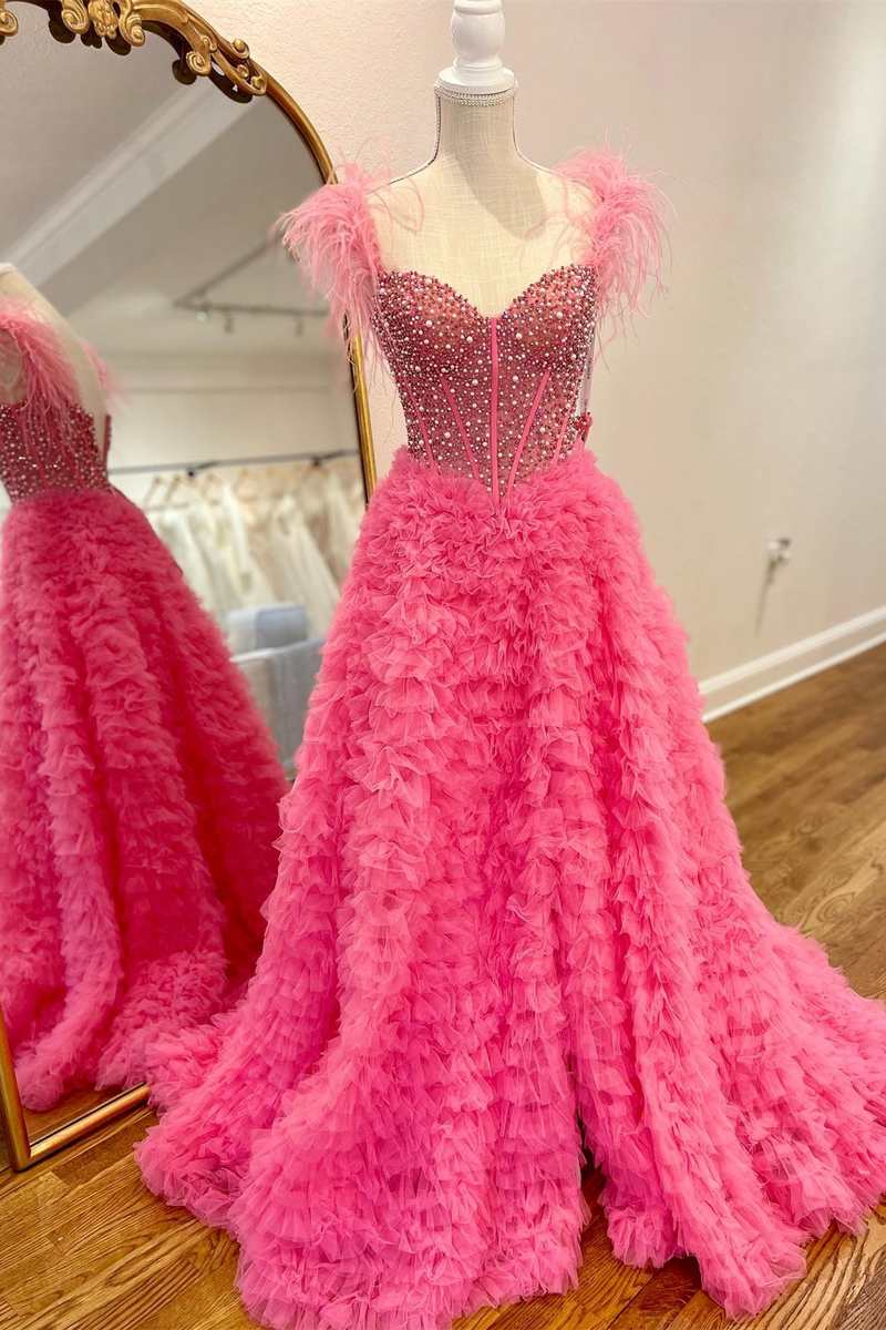 Hot Pink Beaded Feather Off-the-Shoulder Tiered Long Prom Dress with R –  Modsele